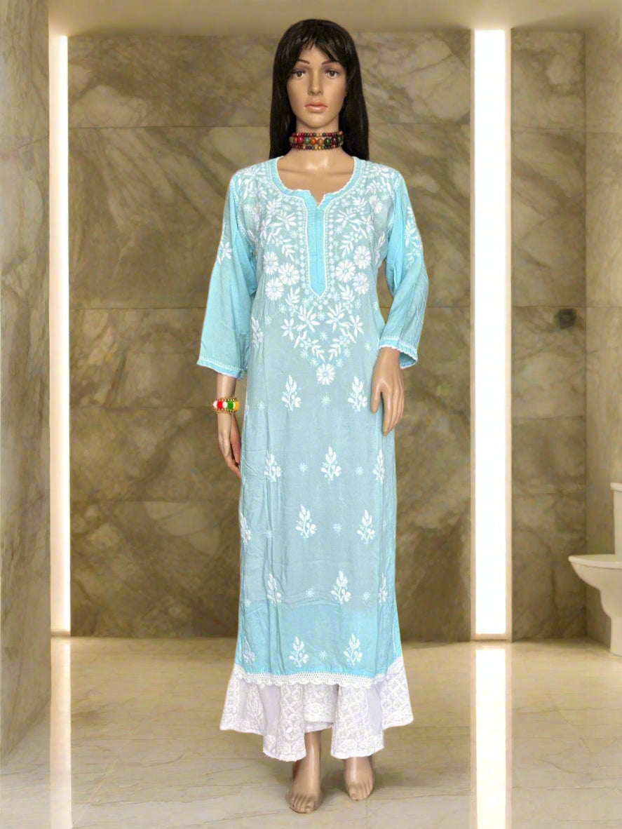 Lucknowi Chikankari Sky Blue Modal Kurti-K000119