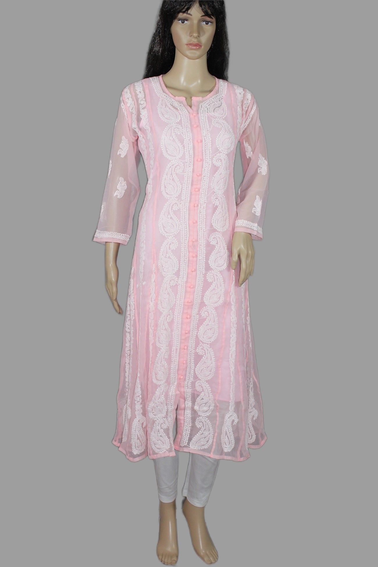 Lucknowi Chikankari Pink 'Shagufta' Georgette Anarkali-K40031