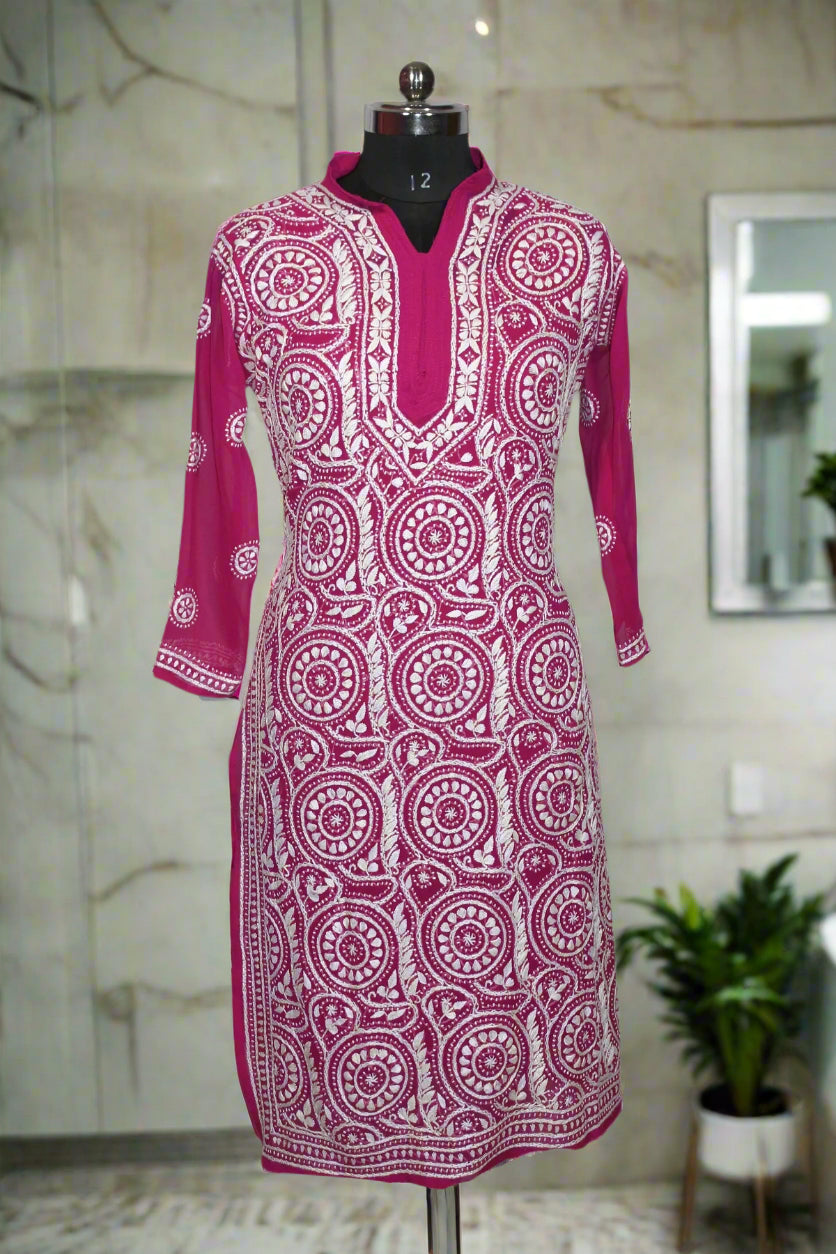 Lucknowi Chikankari Magenta Georgette Kurta-Dupatta-KD00002