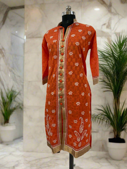 Lucknowi Chikankari Orange Chanderi Kurti-PE00011