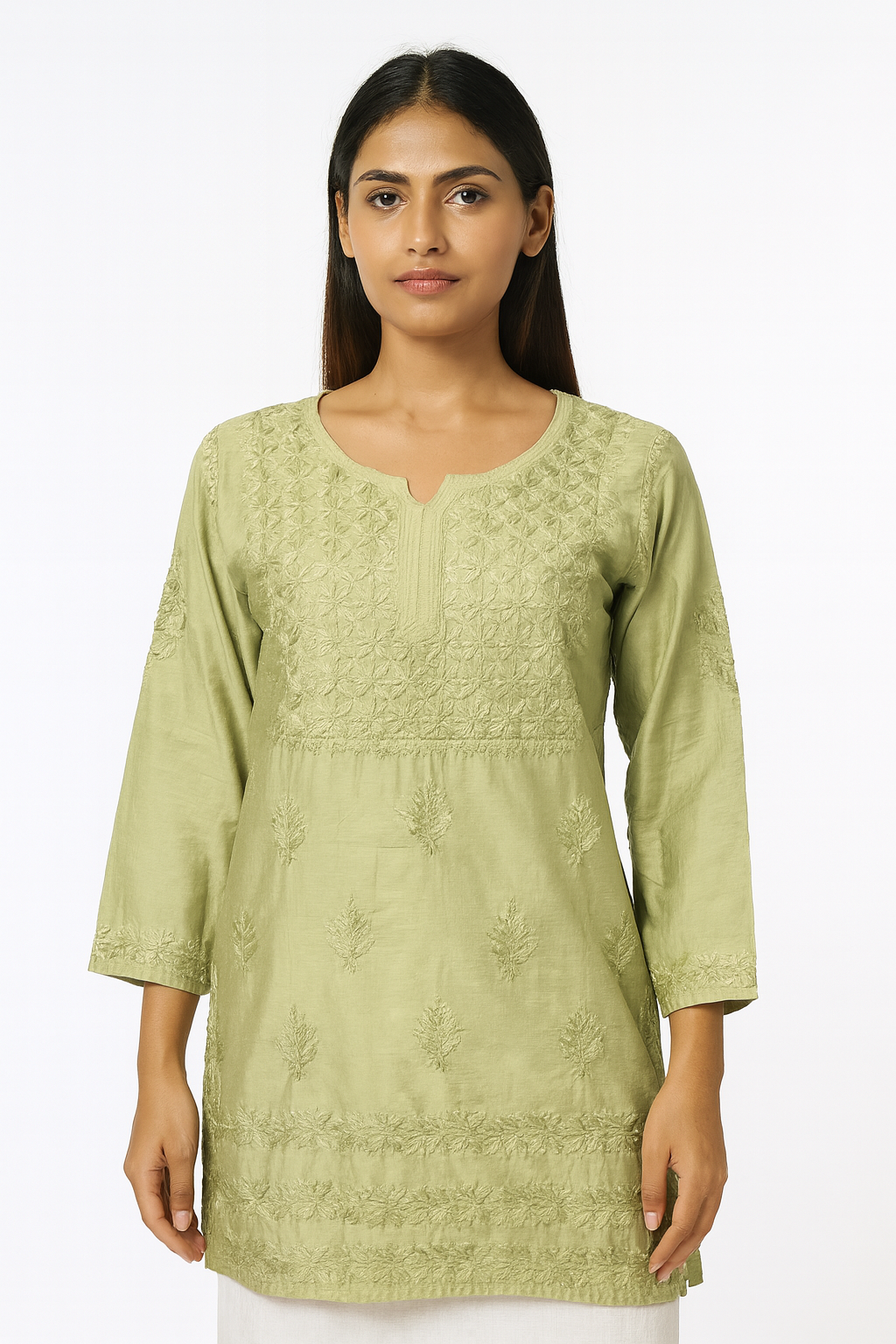 Lucknowi Chikankari Green 'Bahar' Chanderi Short Kurti-T20006
