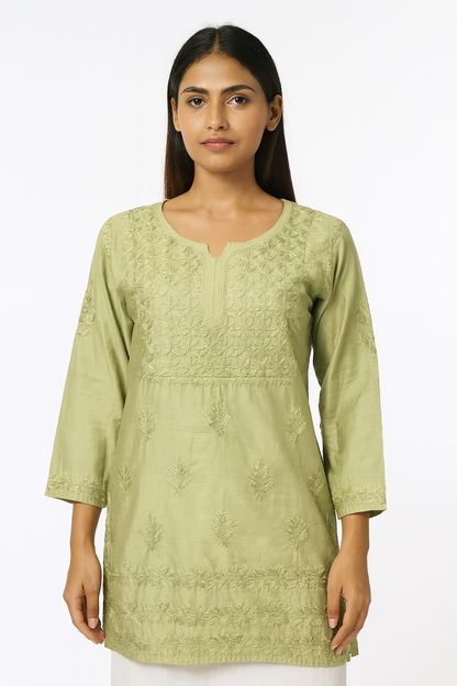 Lucknowi Chikankari Green 'Bahar' Chanderi Short Kurti-T20006