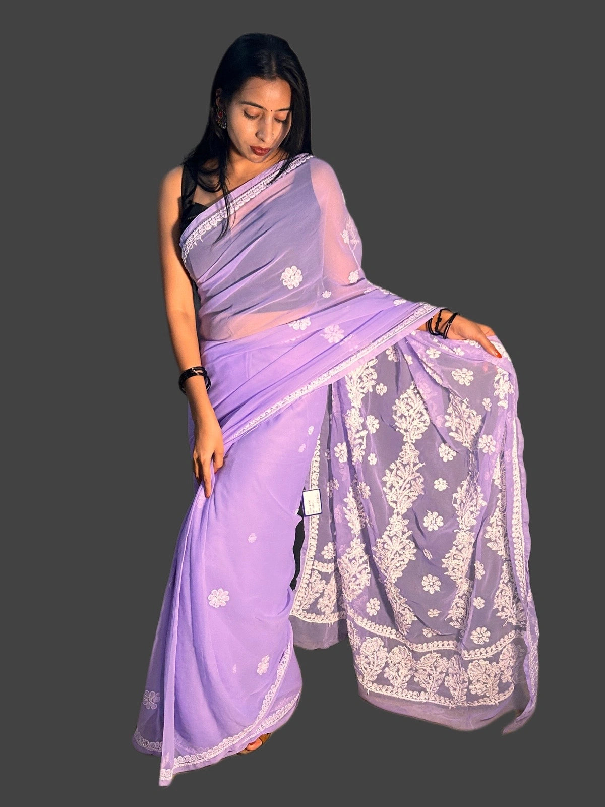 Lucknowi Chikankari Purple Georgette Saree (With Blouse)-S00008