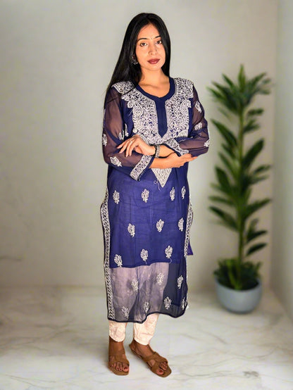 Lucknowi Chikankari Navy Blue Georgette Kurti-K000060