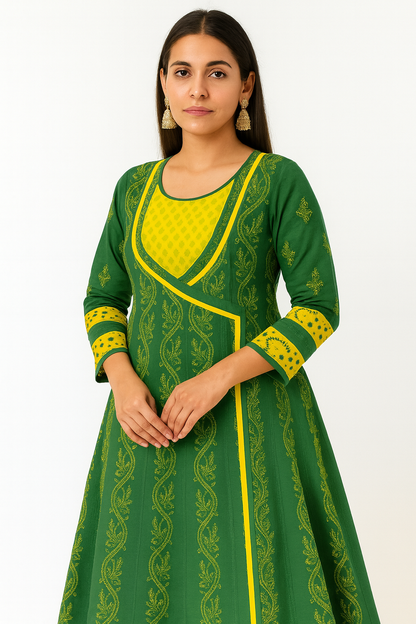 Lucknowi Chikankari Green 'Bahar' Angrakha Styled Anarkali-K30075