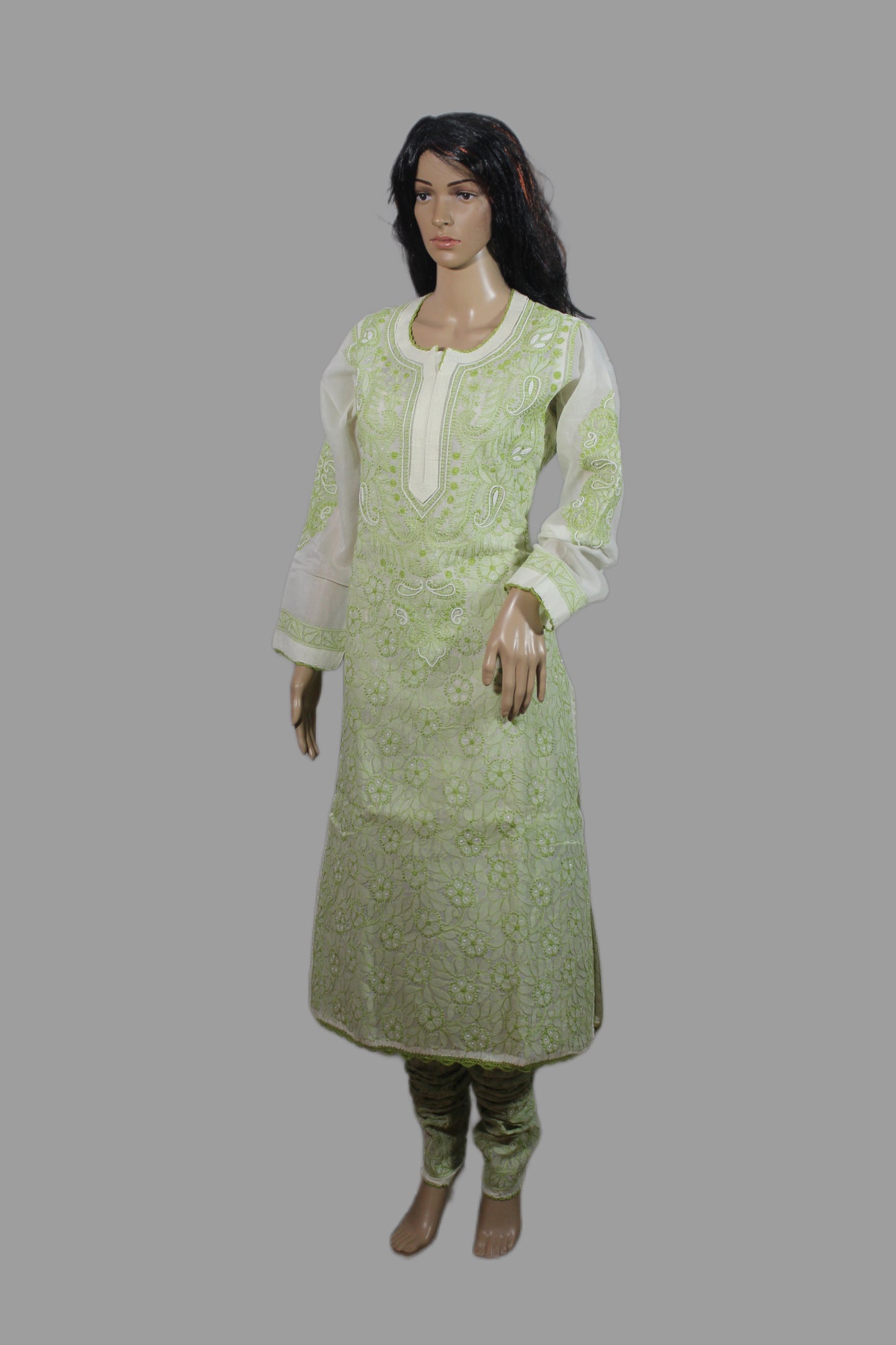 Lucknowi Chikankari Cream Cotton 3 Piece Kurta-Chudidar Pyjama-Dupatta Set-PJ00003