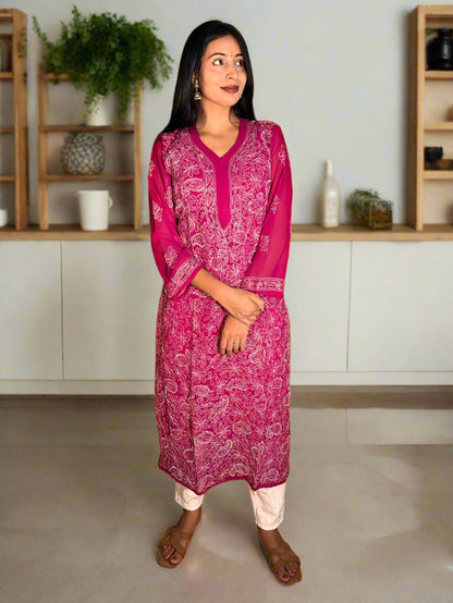 Lucknowi Chikankari Magenta Georgette Kurti-K000034