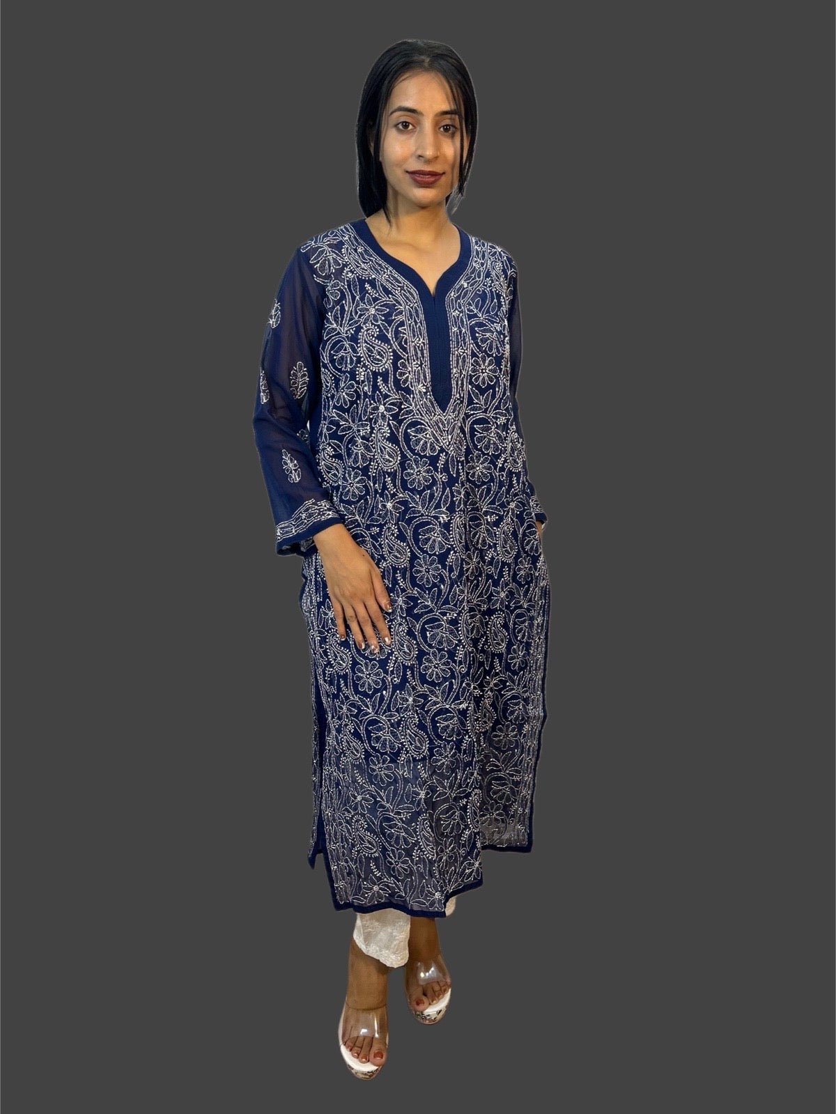 Lucknowi Chikankari Navy Blue Georgette Kurti-K000035