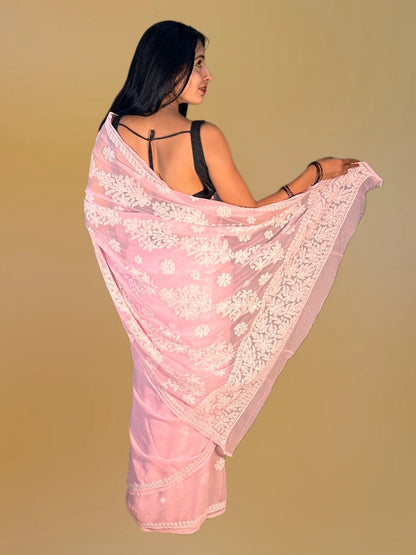 Lucknowi Chikankari Pink Georgette Saree (With Blouse)-S00007