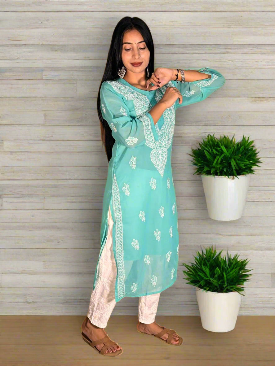 Lucknowi Chikankari Semi Green Georgette Kurti-K000065