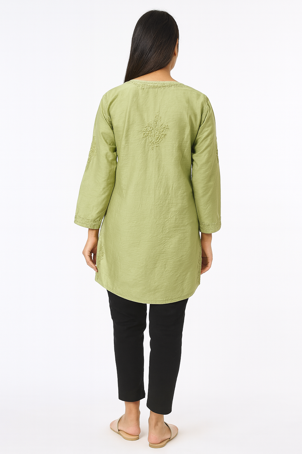 Lucknowi Chikankari Green 'Bahar' Chanderi Short Kurti-T20006