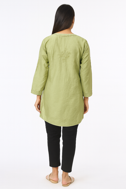 Lucknowi Chikankari Green 'Bahar' Chanderi Short Kurti-T20006