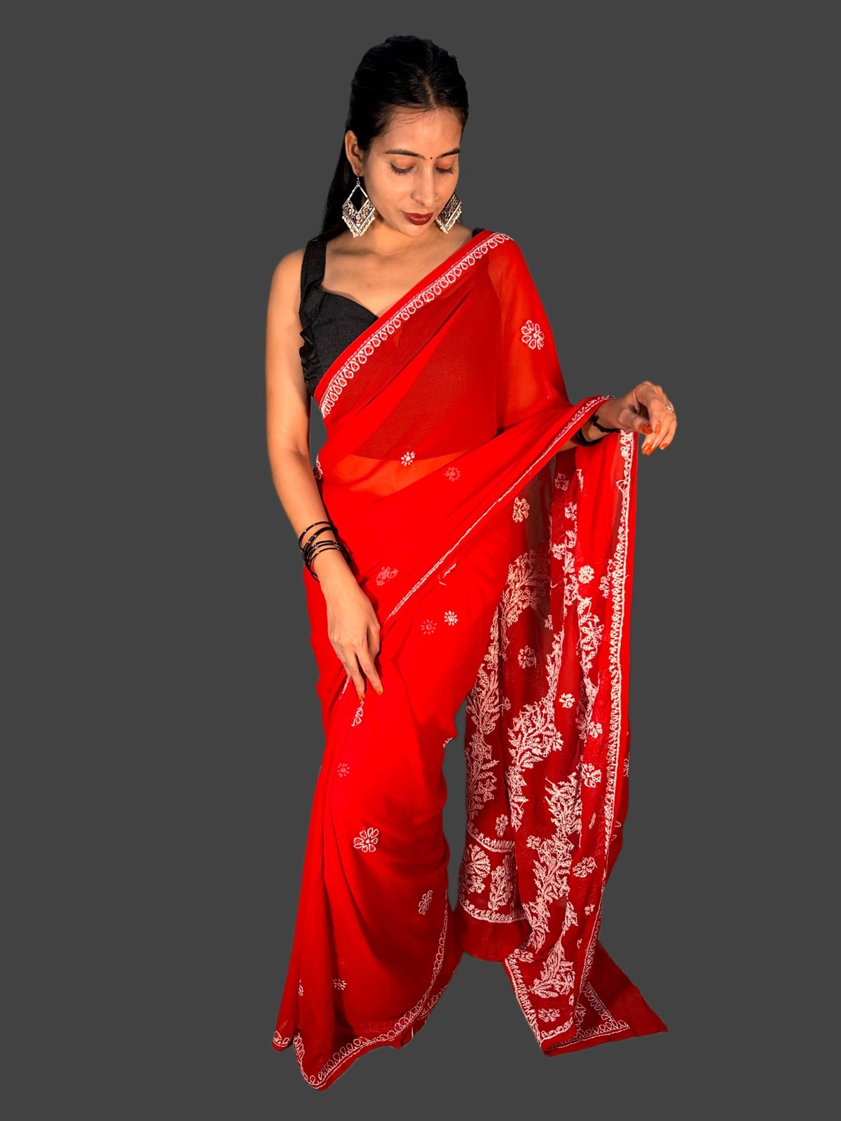 Lucknowi Chikankari Red Georgette Saree (With Blouse)-S00001