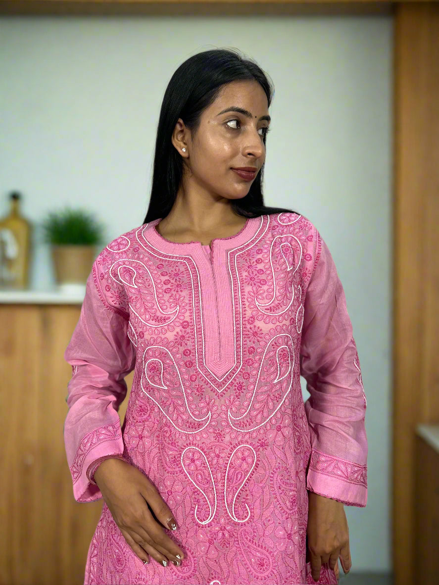 Lucknowi Chikankari Pink Cotton 3 Piece Kurta-Chudidar Pyjama-Dupatta Set-PJ00006