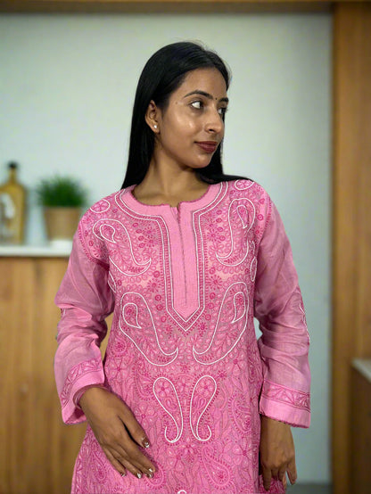 Lucknowi Chikankari Pink Cotton 3 Piece Kurta-Chudidar Pyjama-Dupatta Set-PJ00006