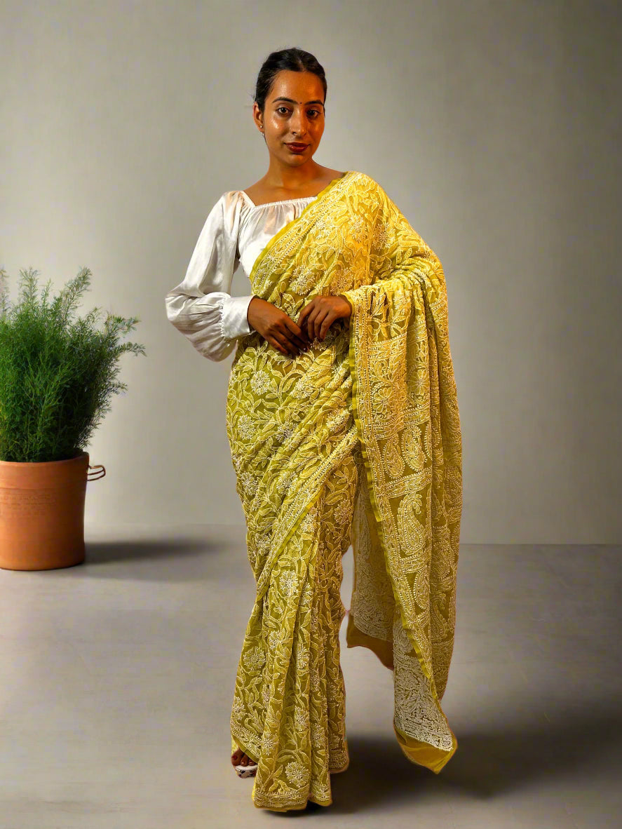 Lucknowi Chikankari Yellow Georgette Saree (With Blouse)-PF100010