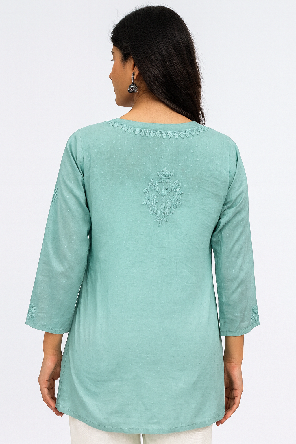 Lucknowi Chikankari Green 'Bahar' Cotton Short Kurti-T20005