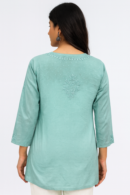 Lucknowi Chikankari Green 'Bahar' Cotton Short Kurti-T20005