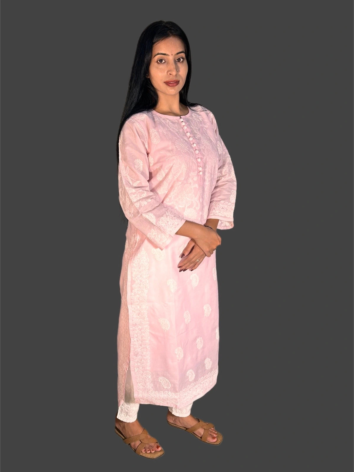 Lucknowi Chikankari Pink Cotton Kurti-K000050