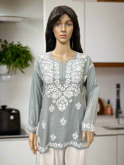 Lucknowi Chikankari Grey Rayon Short Kurti-T50018