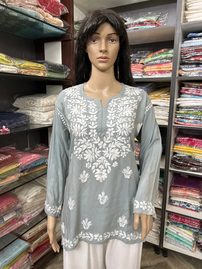Lucknowi Chikankari Grey 'Dhoondhla' Rayon Short Kurti-T50018