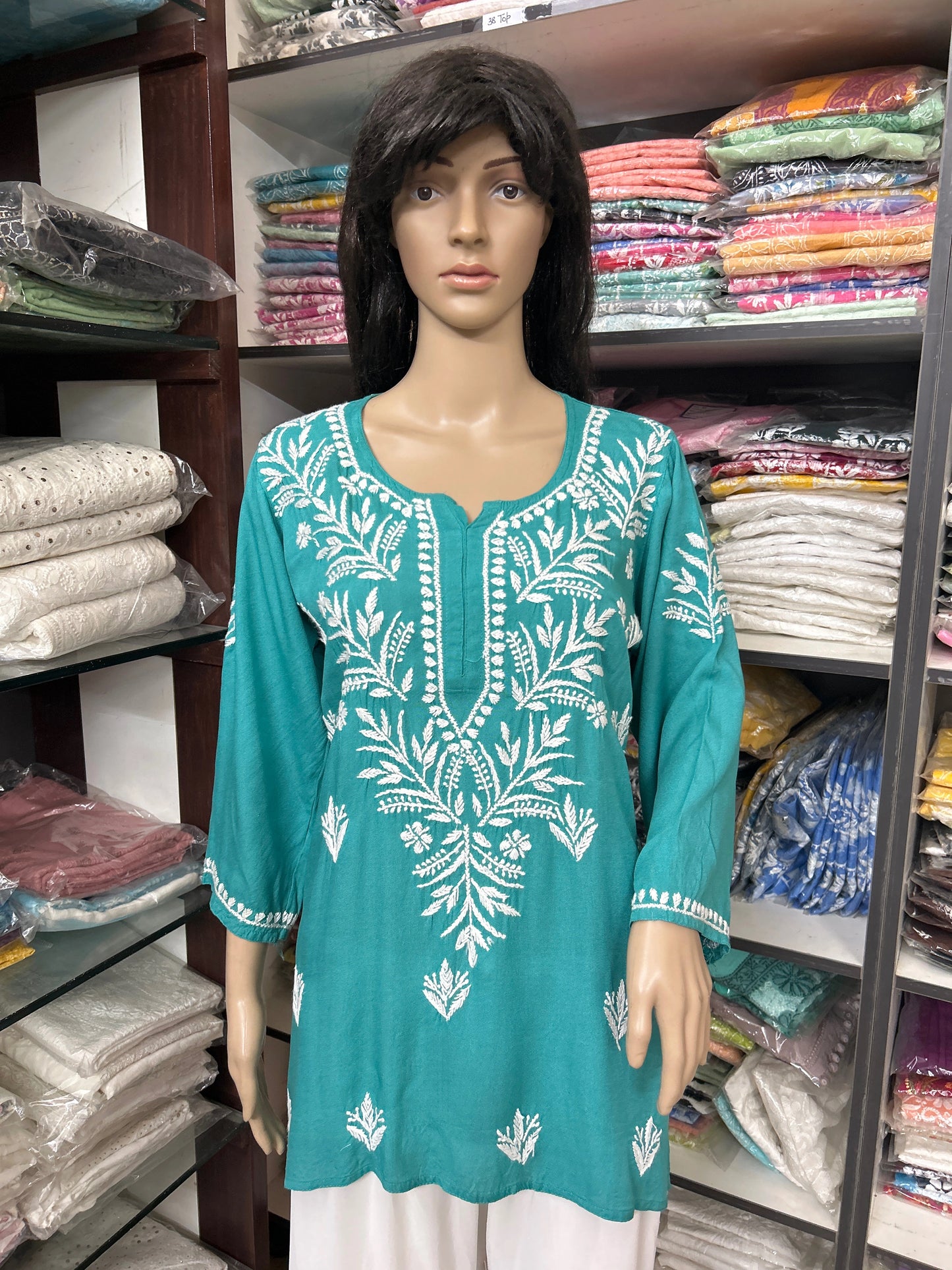 Lucknowi Chikankari Green 'Bahar' Rayon Short Kurti-T000072