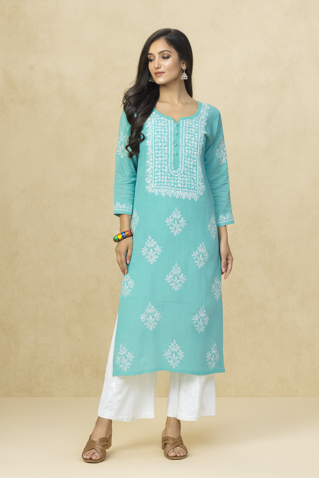 Lucknowi Chikankari Green Modal Kurti-K000135
