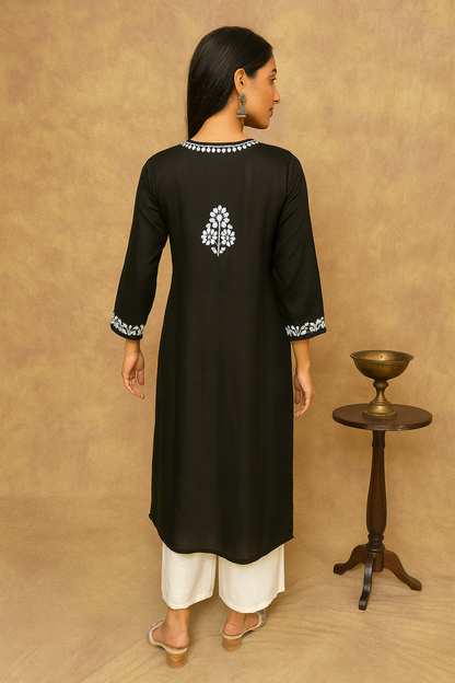 Lucknowi Chikankari Black Modal Kurti-K000139