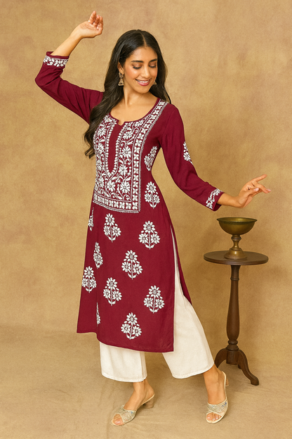Lucknowi Chikankari Maroon Modal Kurti-K000140