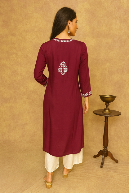 Lucknowi Chikankari Maroon Modal Kurti-K000140