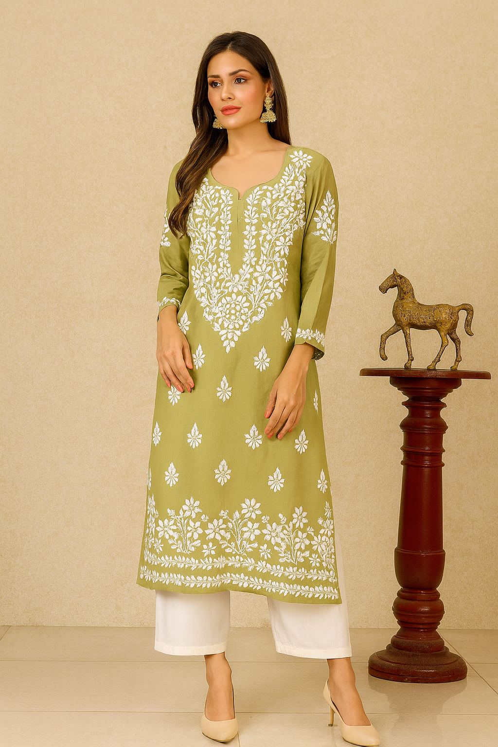 Lucknowi Chikankari Green Modal Kurti-K000141