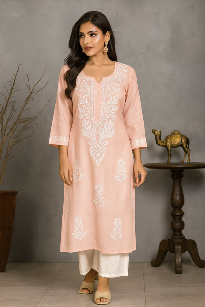 Lucknowi Chikankari Peach 'Aaroi' Cotton Kurti-K000134