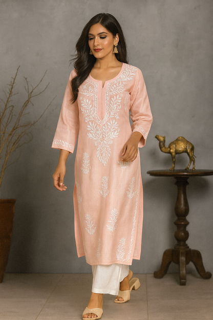 Lucknowi Chikankari Peach 'Aaroi' Cotton Kurti-K000134