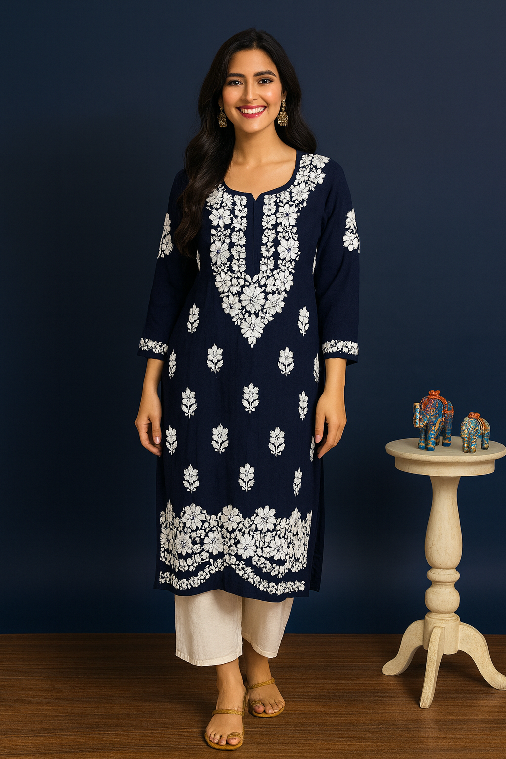 Lucknowi Chikankari Navy Blue Modal Kurti-K000150