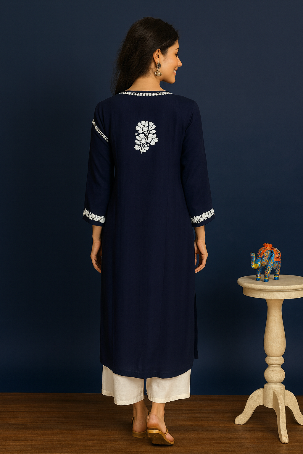 Lucknowi Chikankari Navy Blue Modal Kurti-K000150