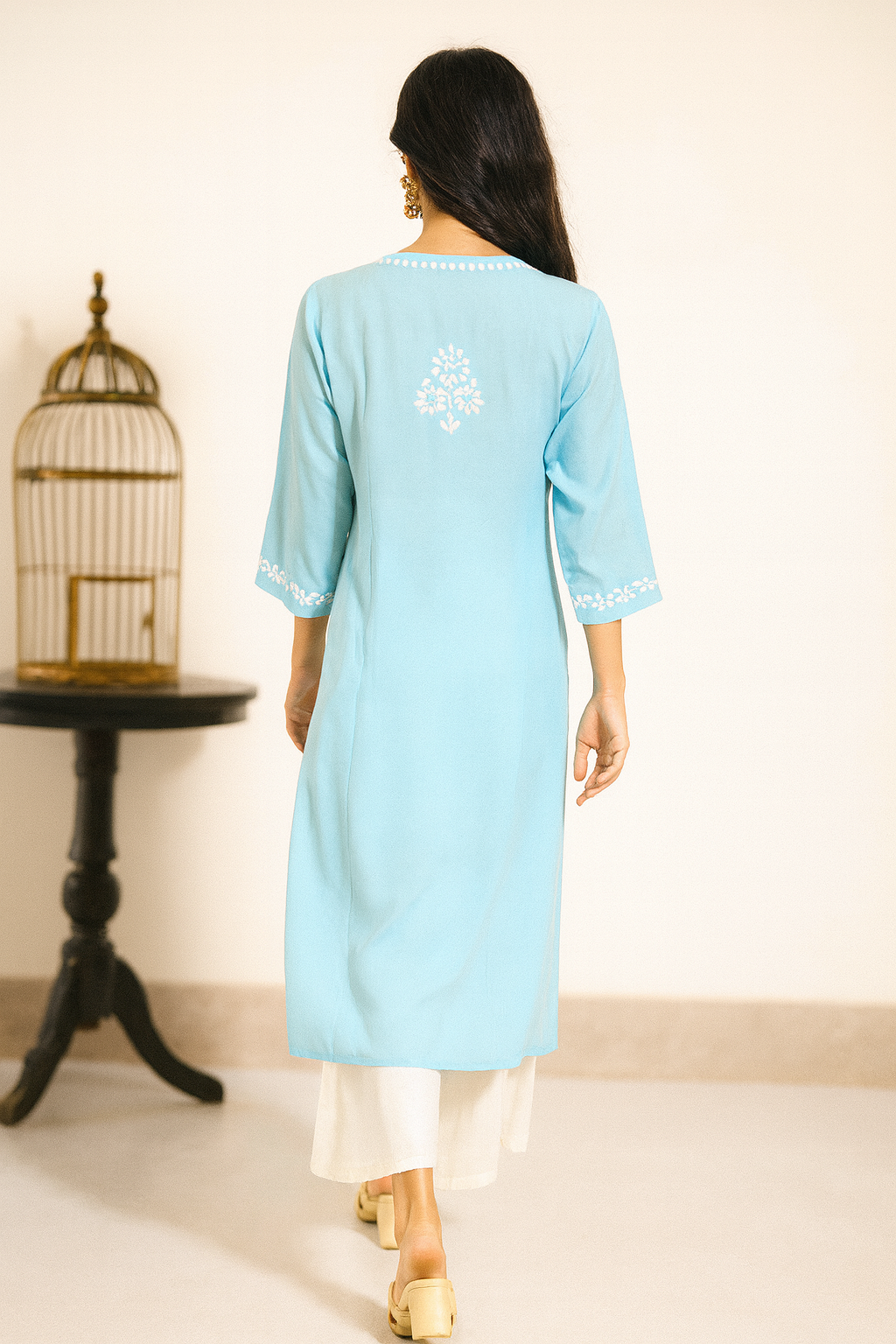 Lucknowi Chikankari Blue Modal Kurti-K000146