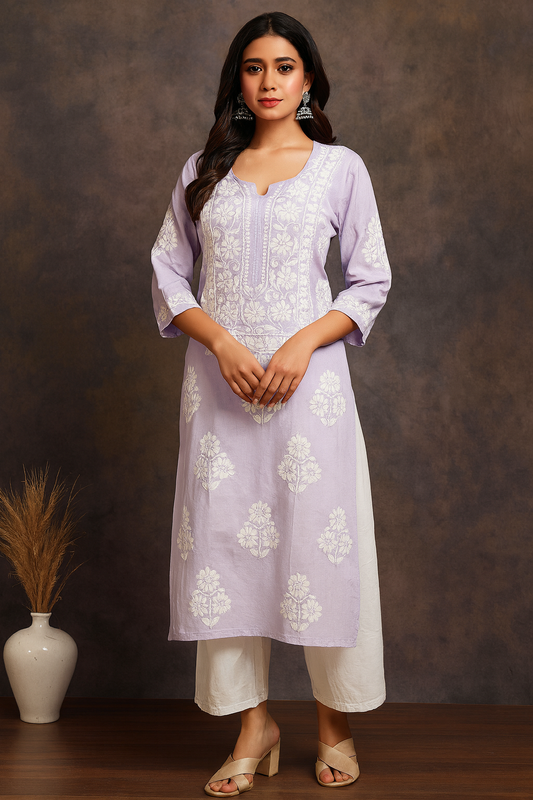 Lucknowi Chikankari Lavender Modal Kurti-K000148