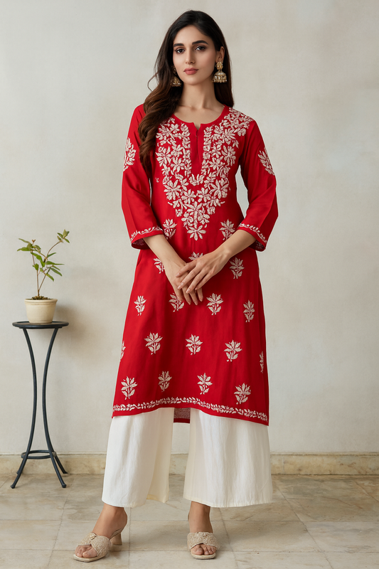 Lucknowi Chikankari Red Rayon Kurti-K000164