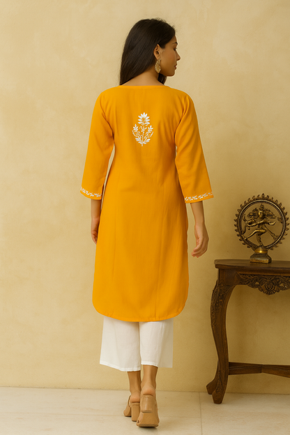 Lucknowi Chikankari Orange Rayon Kurti-K000152