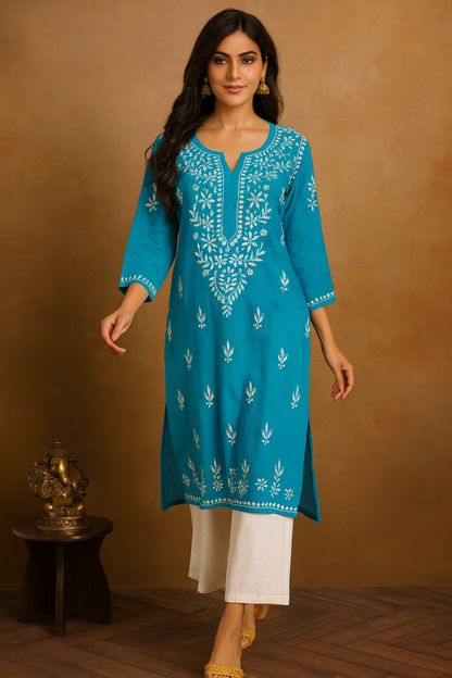 Lucknowi Chikankari Blue Rayon Kurti-K000154