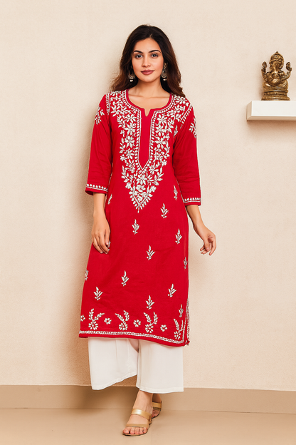 Lucknowi Chikankari Red Rayon Kurti-K000155