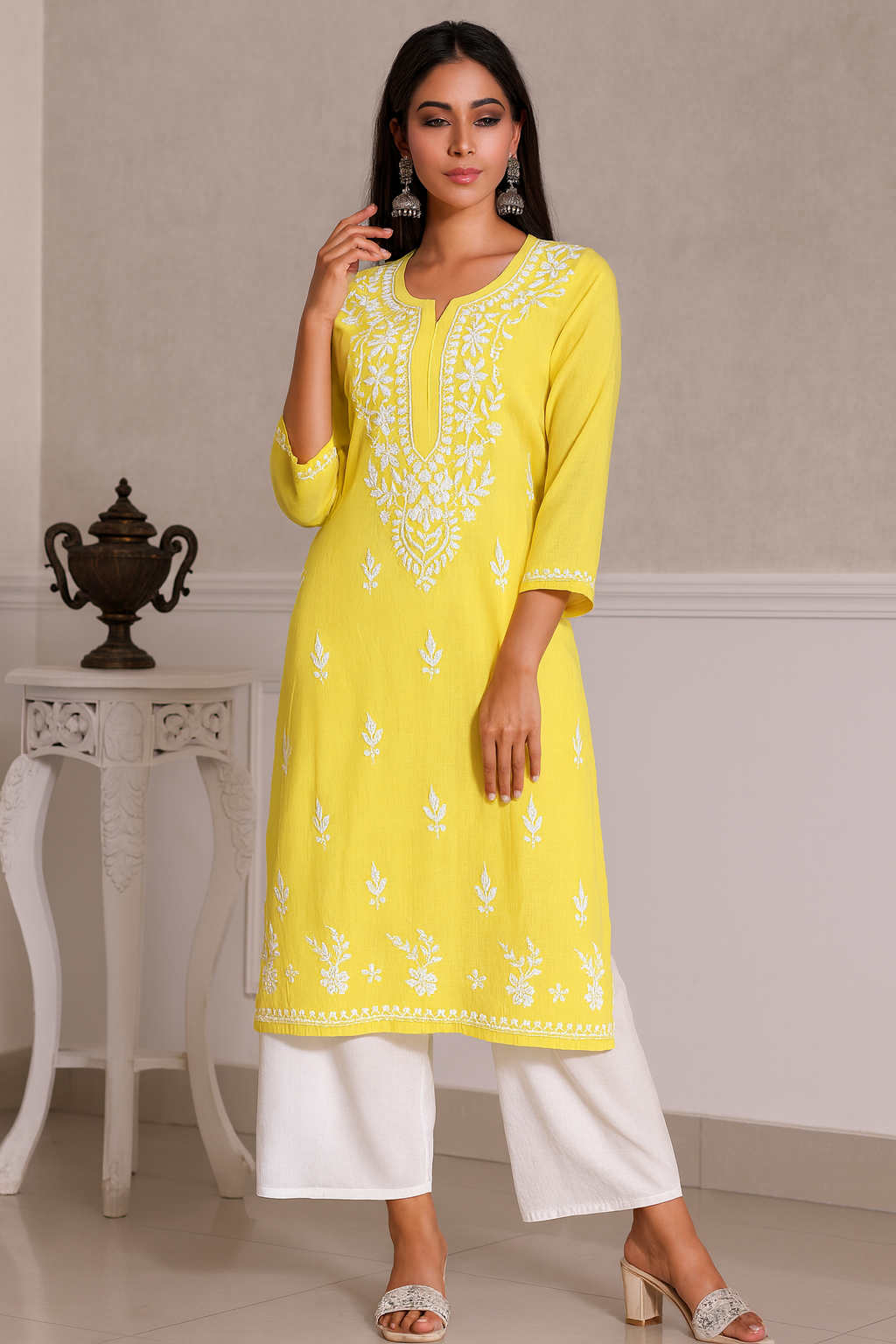 Lucknowi Chikankari Yellow Rayon Kurti-K000156