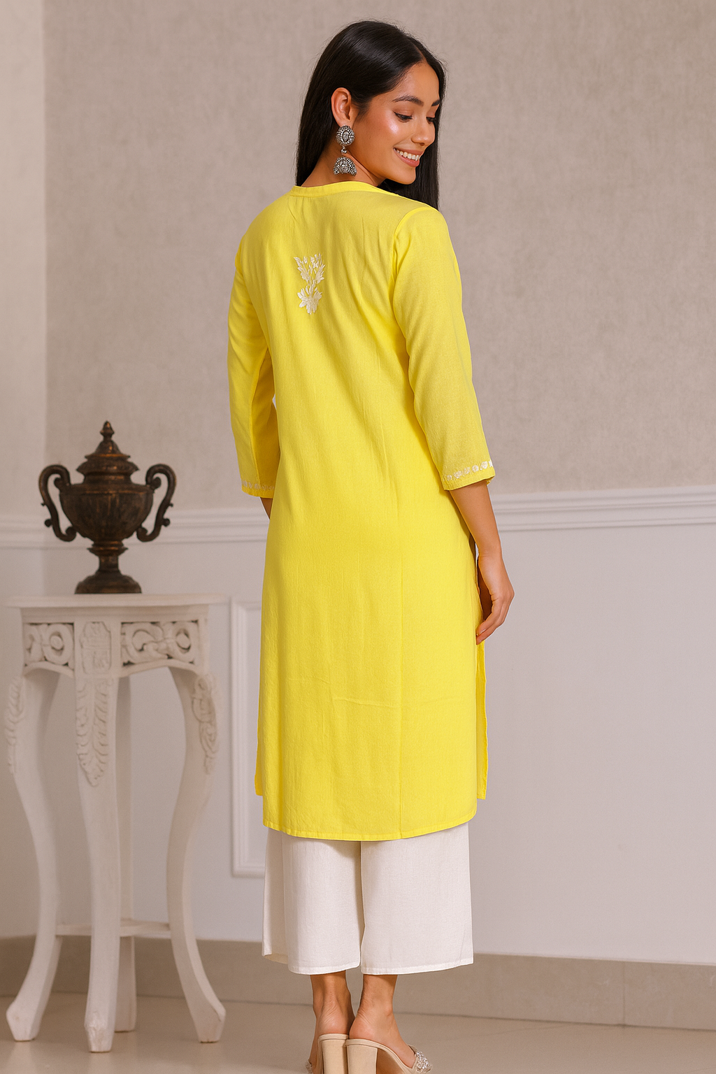 Lucknowi Chikankari Yellow Rayon Kurti-K000156