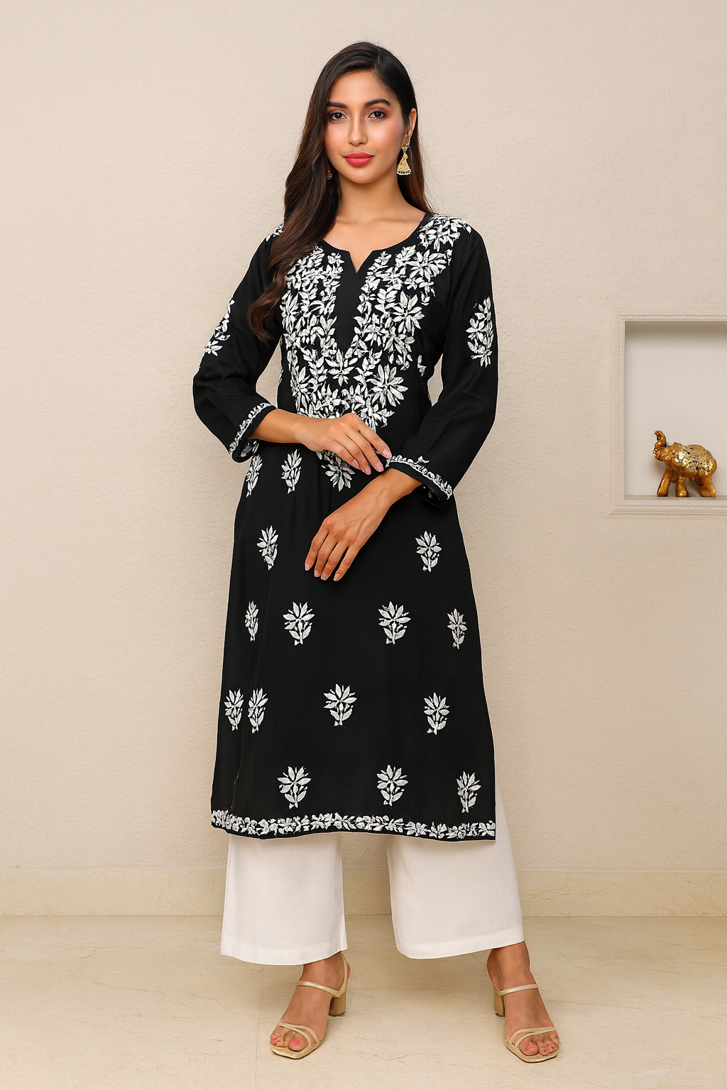 Lucknowi Chikankari Black Rayon Kurti-K000157