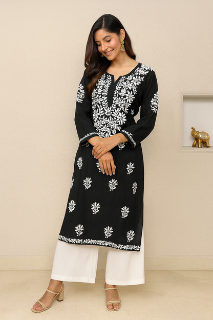 Lucknowi Chikankari Black Rayon Kurti-K000157