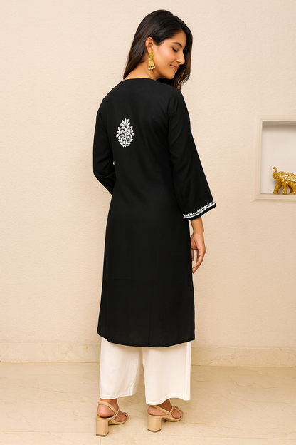 Lucknowi Chikankari Black Rayon Kurti-K000157