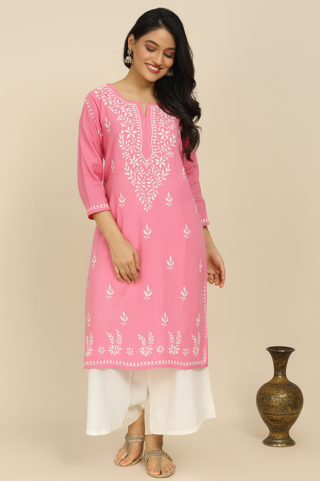 Lucknowi Chikankari Pink Rayon Kurti-K000158