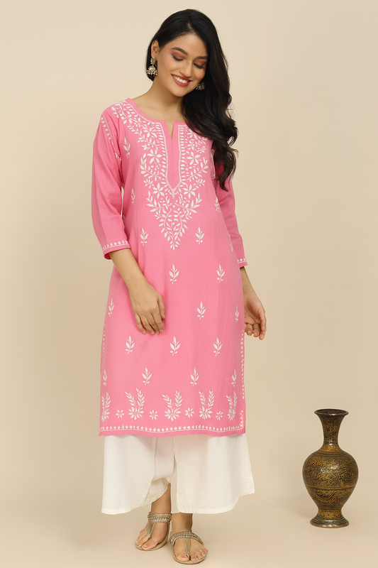Lucknowi Chikankari Pink Rayon Kurti-K000158