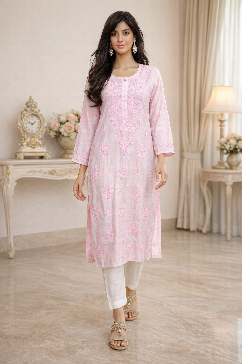 Lucknowi Chikankari Pink Chanderi Kurti-K000173