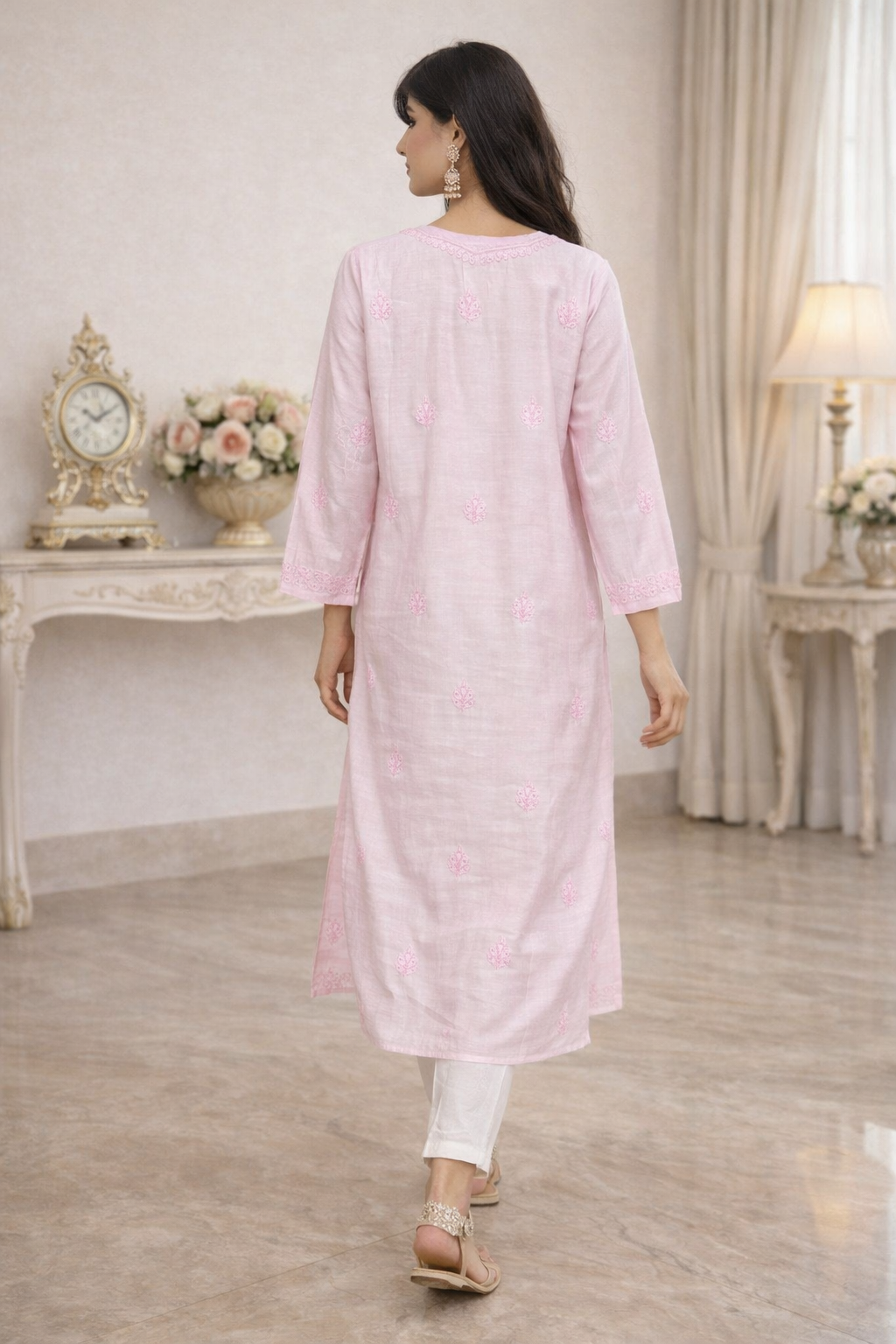 Lucknowi Chikankari Pink Chanderi Kurti-K000173